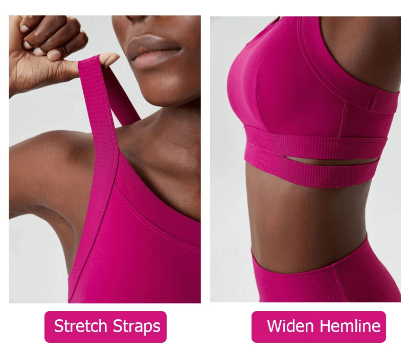 Woman wearing Sleek Stretch Fitness Yoga Set with stretch straps and widen hemline, perfect for workouts; bright pink color.